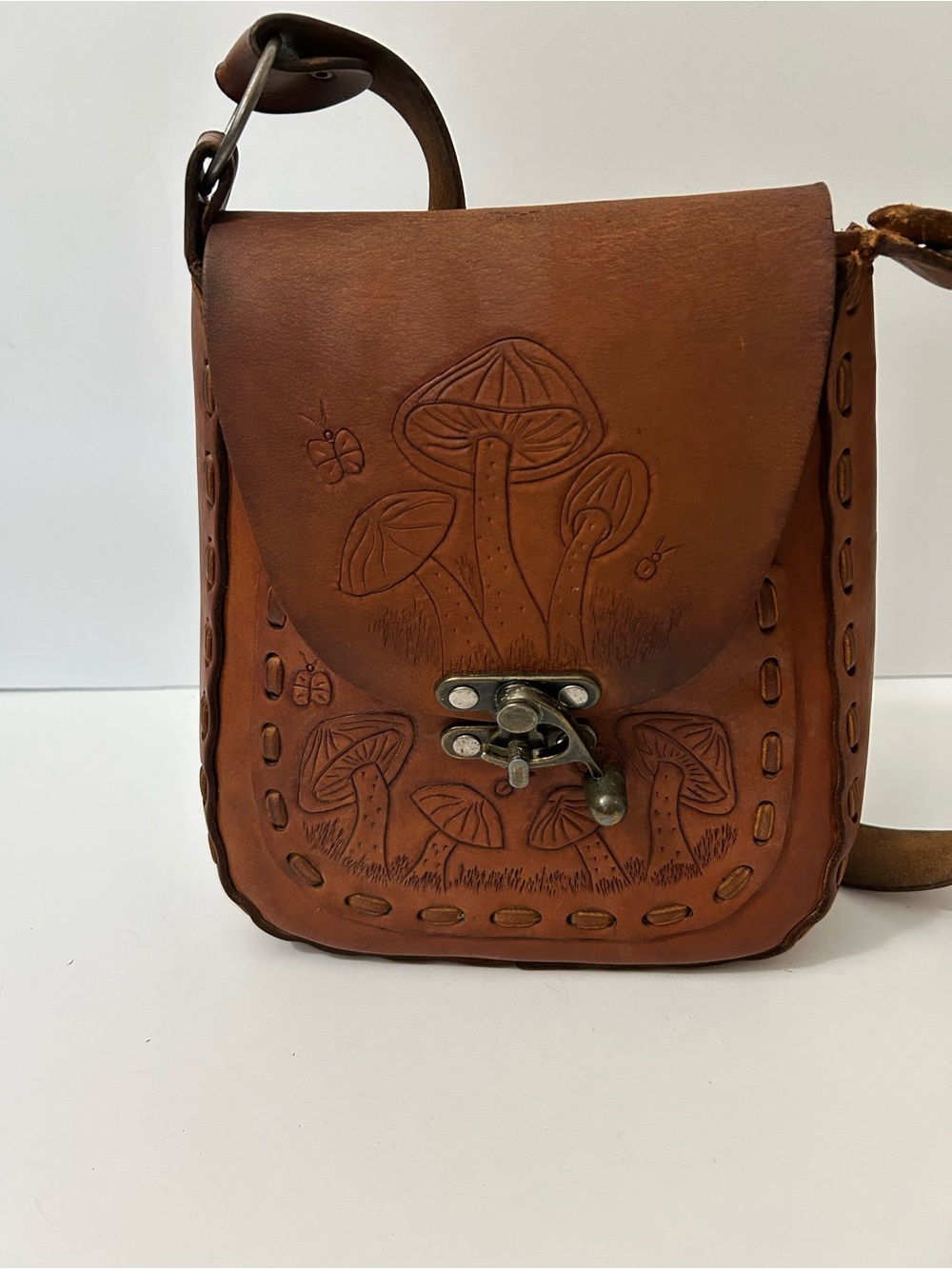 Hand-Tooled Leather Crossbody Bag with Mushroom Design - Brown